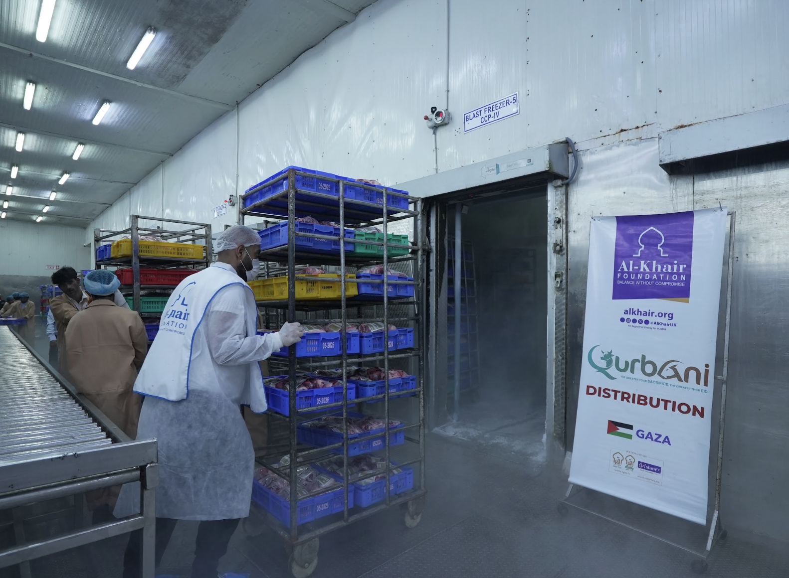 Packaged meat is rapidly frozen and stored in controlled freezer facilities to preserve nutritional value and maintain quality until delivery.