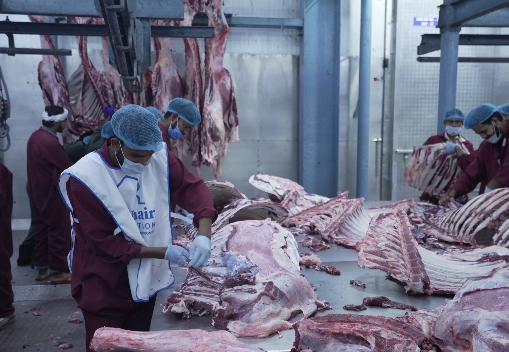 Trained professionals carefully separate the meat from the bones, preparing it for hygienic processing and distribution.